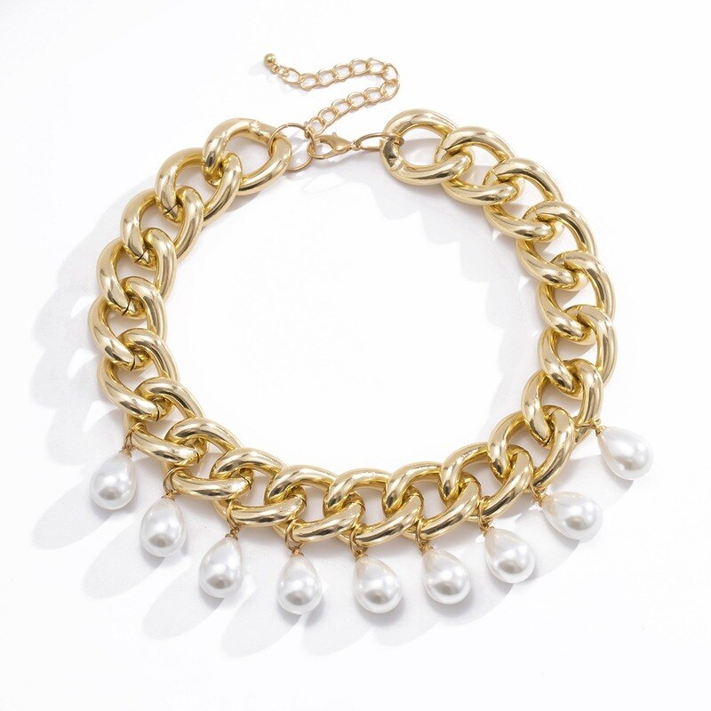 Vintage Imitation Pearl Pendant Water Drop Collar Necklace Exaggerated Heavy Metal Geometric Necklace Ladies Jewelry