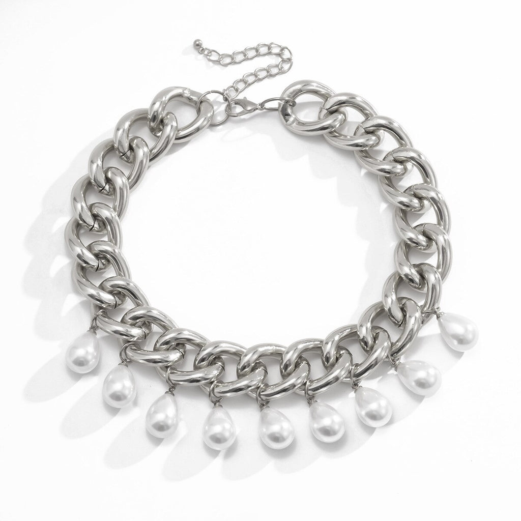 Vintage Imitation Pearl Pendant Water Drop Collar Necklace Exaggerated Heavy Metal Geometric Necklace Ladies Jewelry