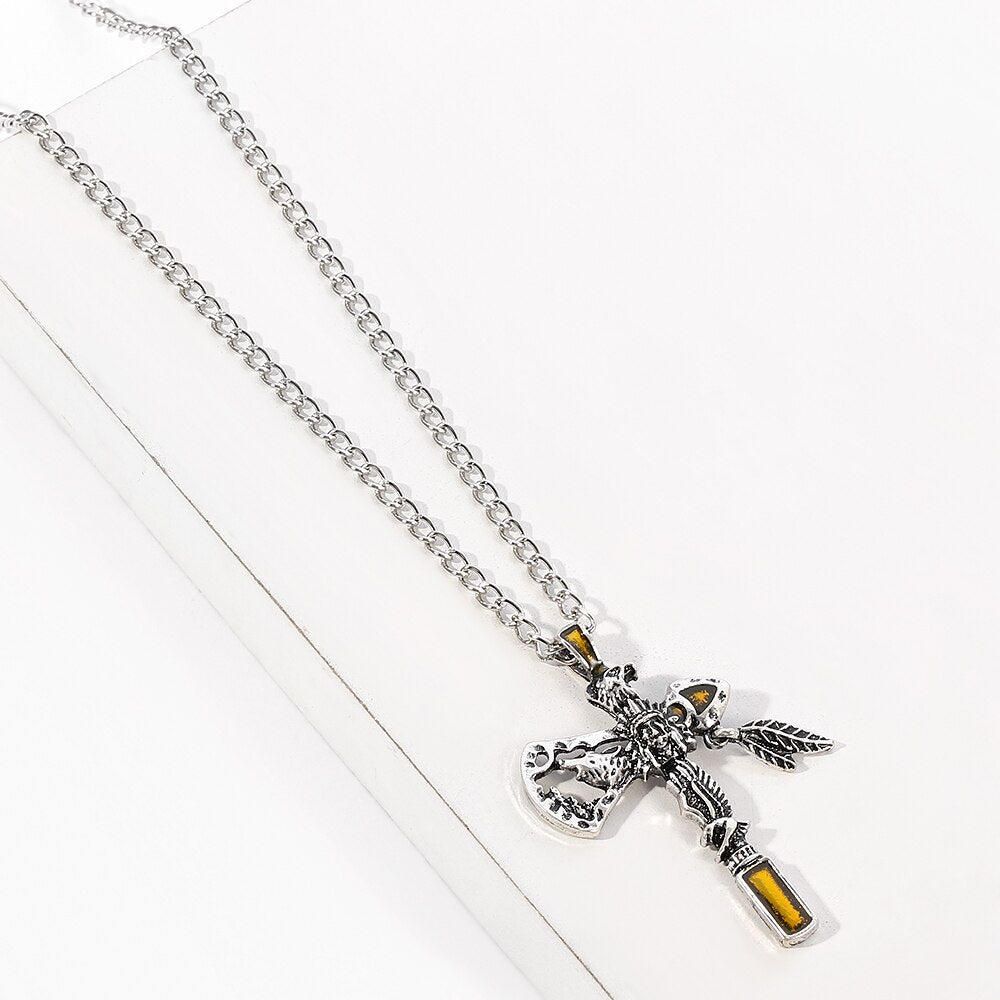 Vintage Indian Axe Alloy Pendant Necklace with Carved Eagle and Wolf Head Punk Exaggerated Style Jewelry Chain for Men Boys