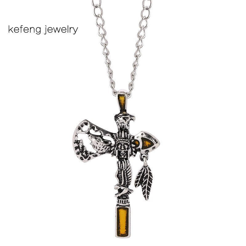 Vintage Indian Axe Alloy Pendant Necklace with Carved Eagle and Wolf Head Punk Exaggerated Style Jewelry Chain for Men Boys
