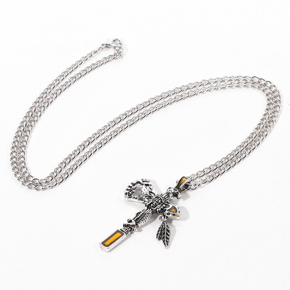 Vintage Indian Axe Alloy Pendant Necklace with Carved Eagle and Wolf Head Punk Exaggerated Style Jewelry Chain for Men Boys