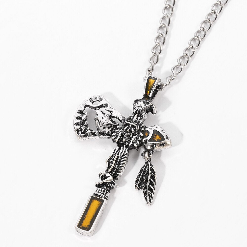 Vintage Indian Axe Alloy Pendant Necklace with Carved Eagle and Wolf Head Punk Exaggerated Style Jewelry Chain for Men Boys