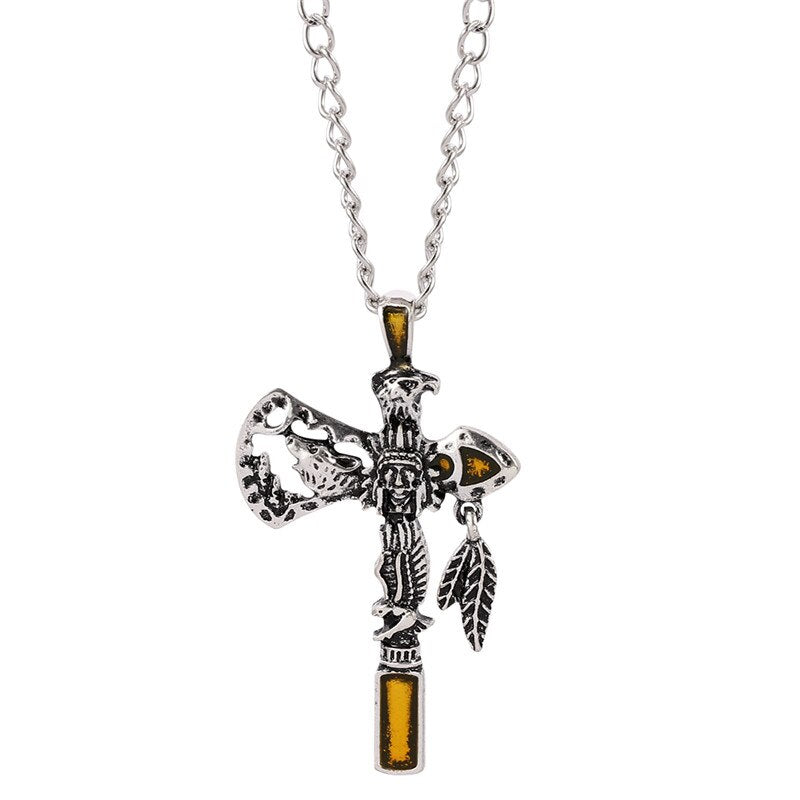 Vintage Indian Axe Alloy Pendant Necklace with Carved Eagle and Wolf Head Punk Exaggerated Style Jewelry Chain for Men Boys