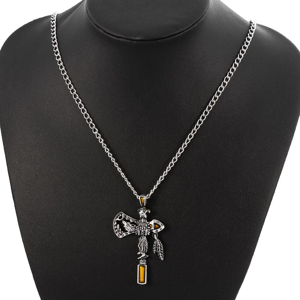 Vintage Indian Axe Alloy Pendant Necklace with Carved Eagle and Wolf Head Punk Exaggerated Style Jewelry Chain for Men Boys