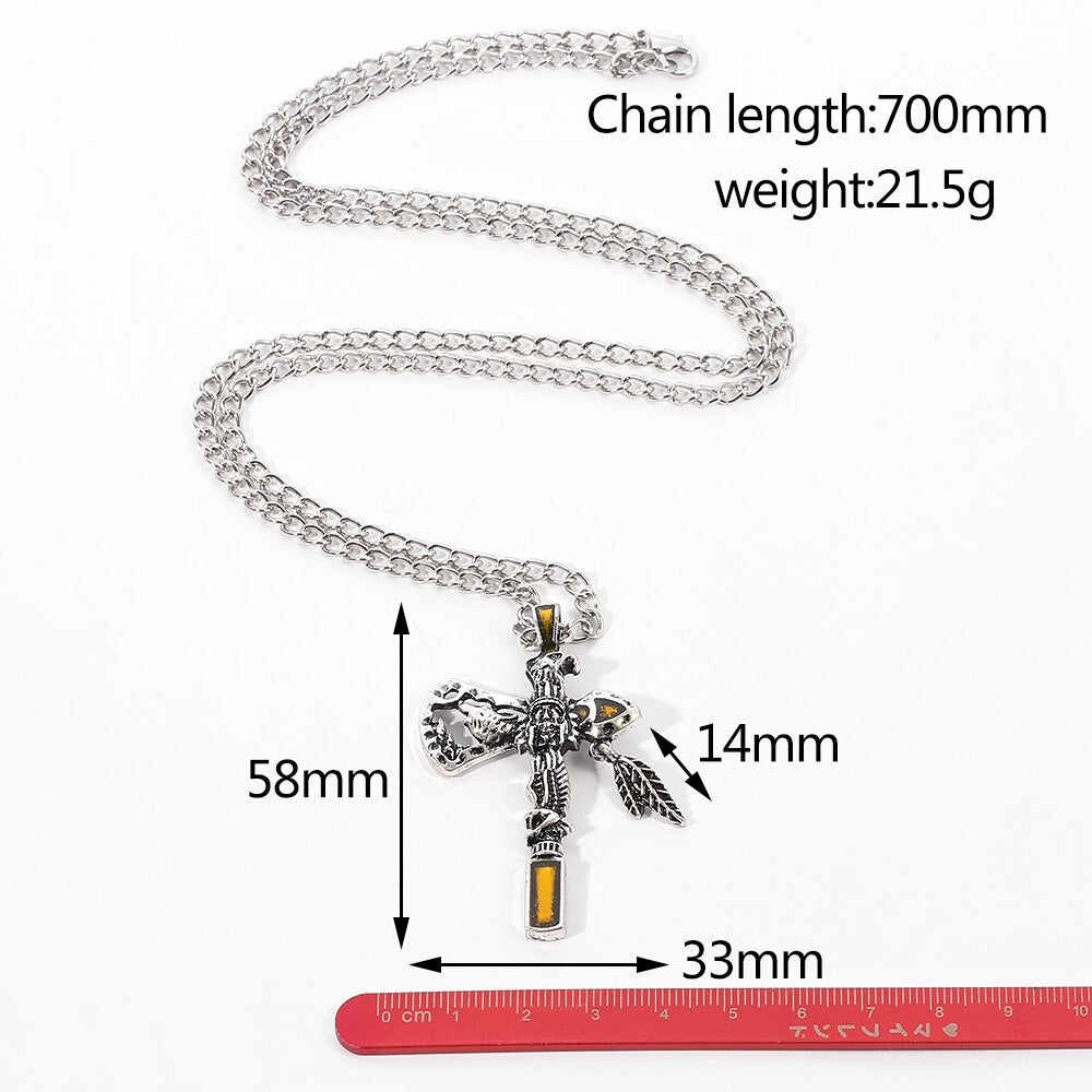 Vintage Indian Axe Alloy Pendant Necklace with Carved Eagle and Wolf Head Punk Exaggerated Style Jewelry Chain for Men Boys