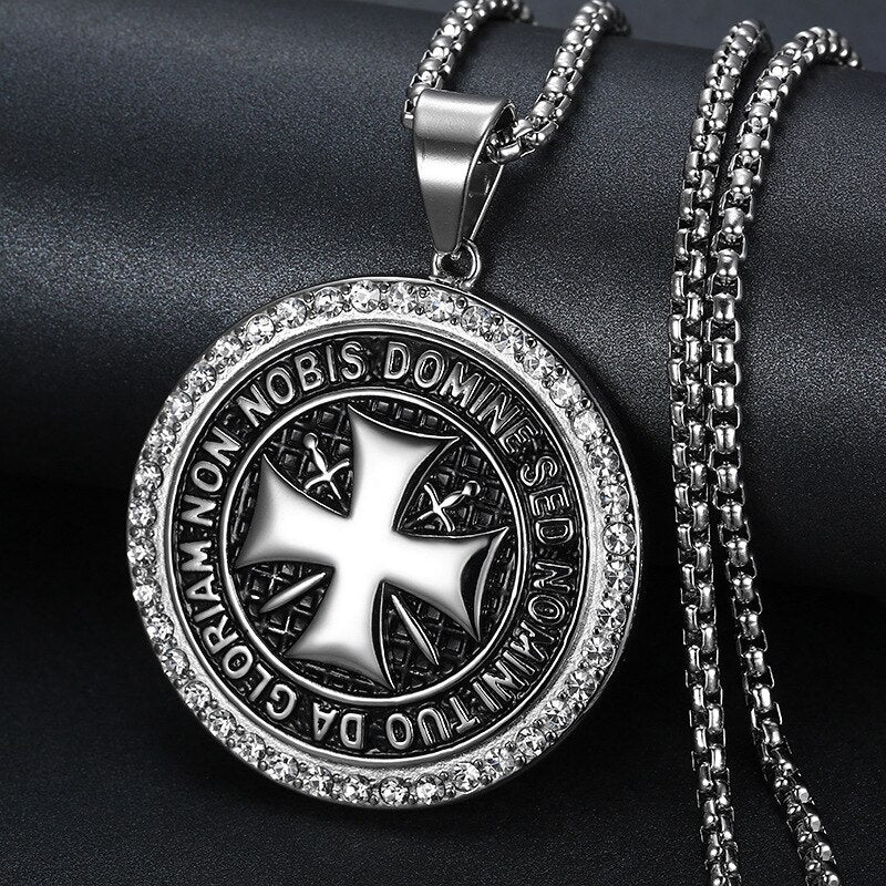 Vintage Knights Templar Stainless steel Pendant Iron Cross Men's Necklace 24Inch Chain Biker Maltese Cross Rhinestone Necklace P