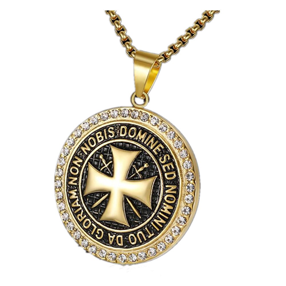 Vintage Knights Templar Stainless steel Pendant Iron Cross Men's Necklace 24Inch Chain Biker Maltese Cross Rhinestone Necklace P