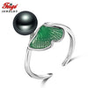 Vintage Leaf Pearl Ring for Ladies Party Jewelry Gift 8-9MM Black Pearl 925 Sterling Silver Rings Fine Jewelry FEIGE