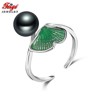 Vintage Leaf Pearl Ring for Ladies Party Jewelry Gift 8-9MM Black Pearl 925 Sterling Silver Rings Fine Jewelry FEIGE