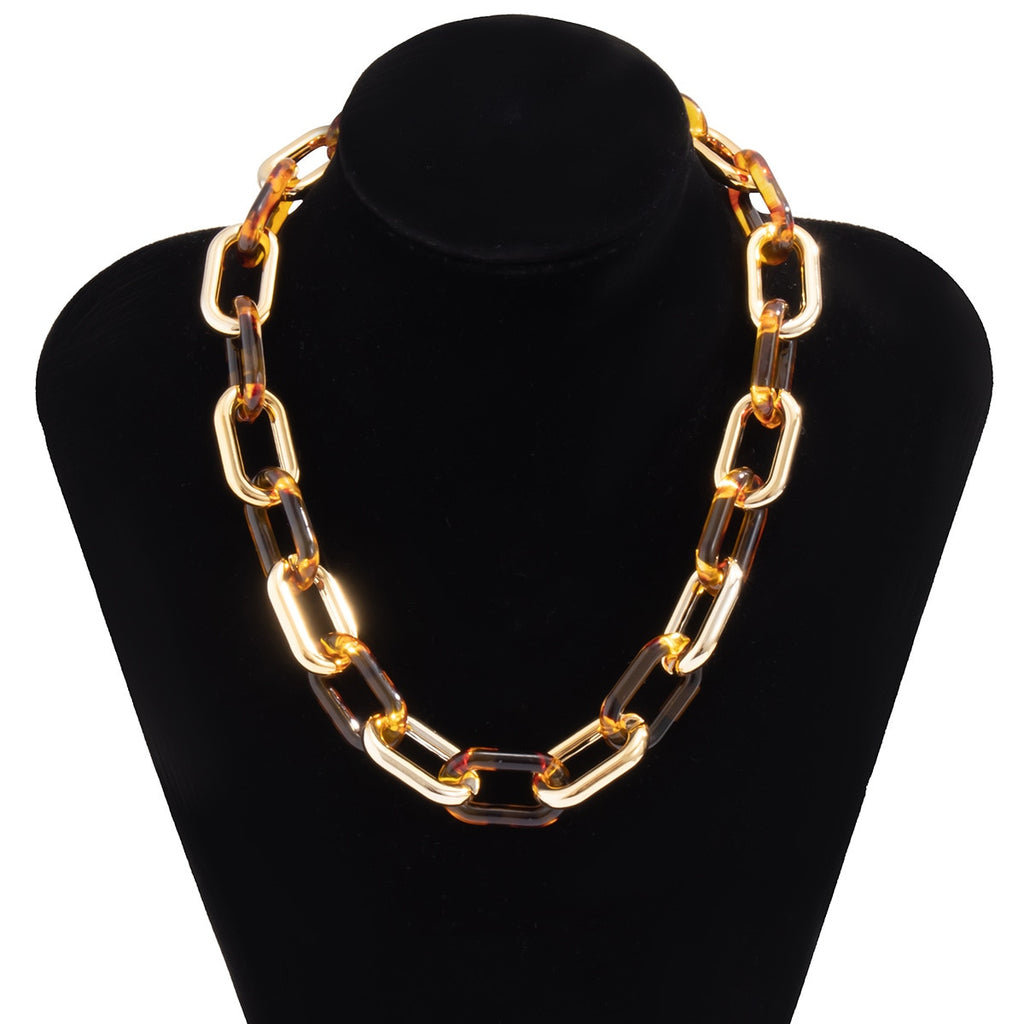Vintage Leopard Print  Geometric U-shaped Lock Cross Chain Metal Necklace for Women Simple Hollow Acetate Clavicle Chain Jewelry