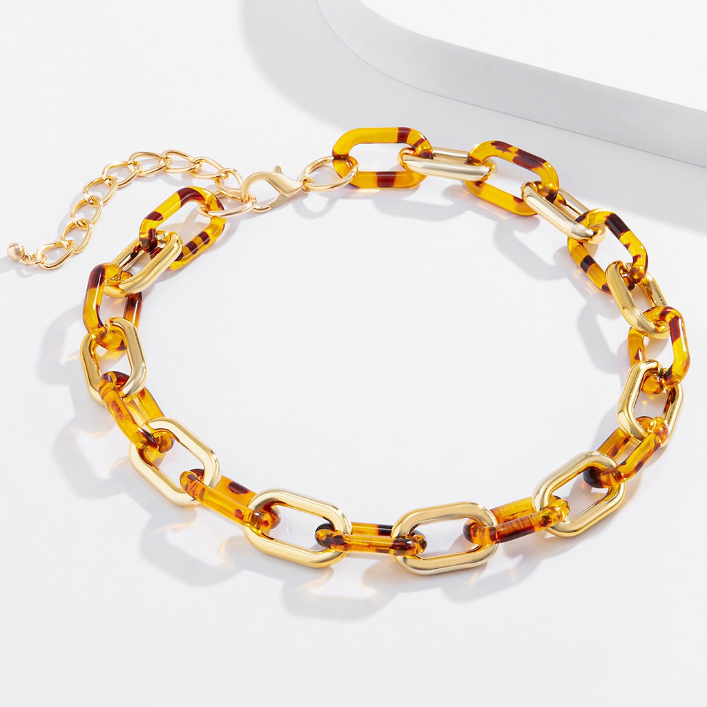 Vintage Leopard Print  Geometric U-shaped Lock Cross Chain Metal Necklace for Women Simple Hollow Acetate Clavicle Chain Jewelry