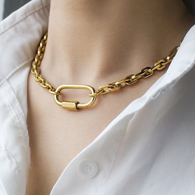 Vintage Lock Pendant Chain Link Choker Necklace Statement For Women Personalized 316L Stainless Steel Necklaces Jewelry