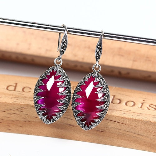 Vintage Long Silver Earrings Ruby Leaf 925 Sterling Silver Earrings for Women Wedding Party Silver Earrings 2020 Fine Jewelry