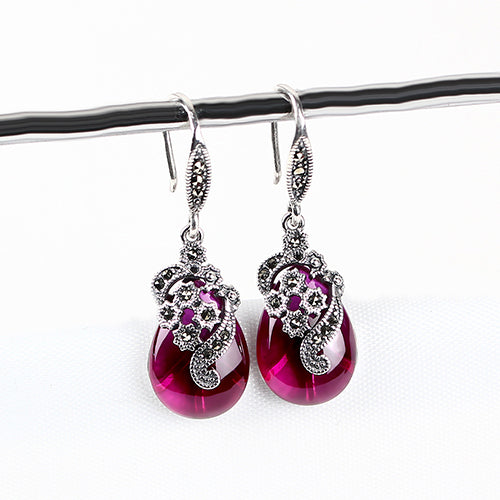 Vintage Long Silver Earrings Women Drop Water Garnet 925 Silver Earrings Engagement Party Tibetan Silver Earrings 2020 Jewelry