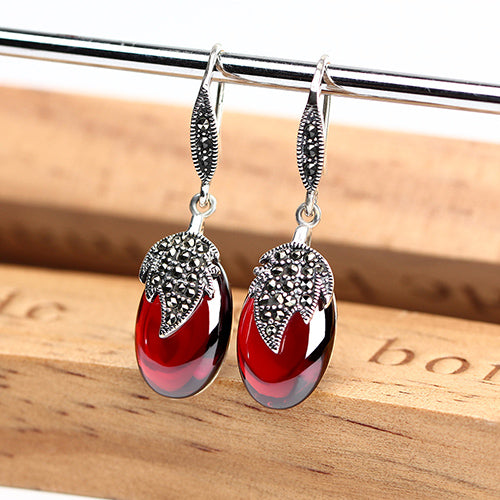 Vintage Long Silver Earrings for Women Red Garnet Leaf 925 Sterling Silver Earrings Wedding Engagement Drop Earrings Female 2020