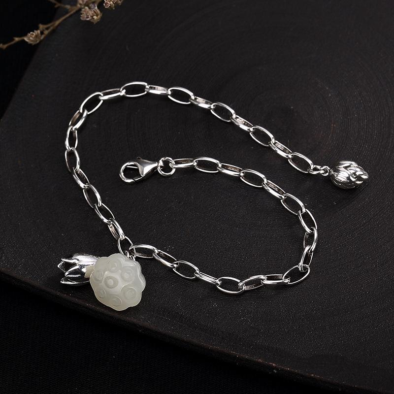 Vintage Lotus Flower Bracelet 925 Sterling Silver Hetian Jade Natural Gemstone Beautiful Chain Bracelets Armbandjes Dames