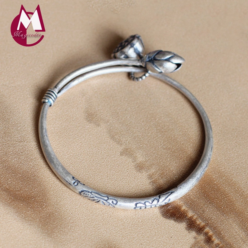 Vintage Lotus Seedpod Flower Tassel Bangle 925 Sterling Silver Bracelets Bangles For Women Wedding Best Gifts Fine Jewelry SB02