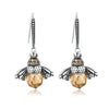 Vintage Lovely Bee Silver Earrings Drop Long 925 Sterling Silver Earrings for Women Crystal Citrine Vintage S925 Earrings Female