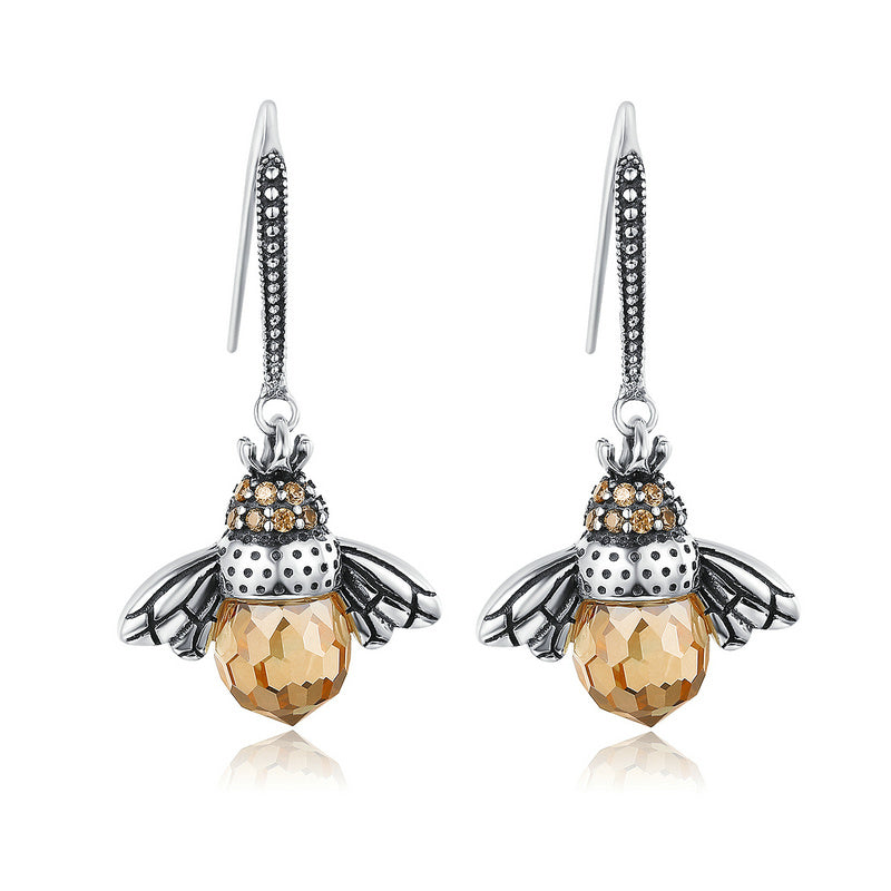 Vintage Lovely Bee Silver Earrings Drop Long 925 Sterling Silver Earrings for Women Crystal Citrine Vintage S925 Earrings Female