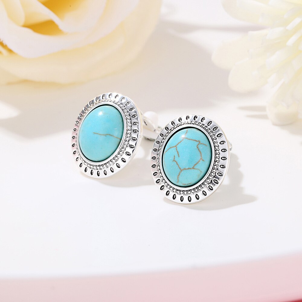 Vintage Marble Crack Oval Blue Stone Stud Earrings For Women Gold Silvery Earring Literary Style Jewelry Accessories Gift