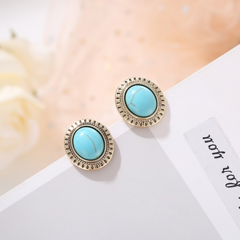 Vintage Marble Crack Oval Blue Stone Stud Earrings For Women Gold Silvery Earring Literary Style Jewelry Accessories Gift