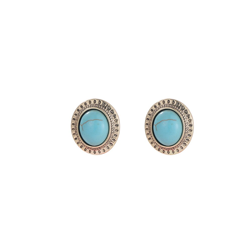 Vintage Marble Crack Oval Blue Stone Stud Earrings For Women Gold Silvery Earring Literary Style Jewelry Accessories Gift