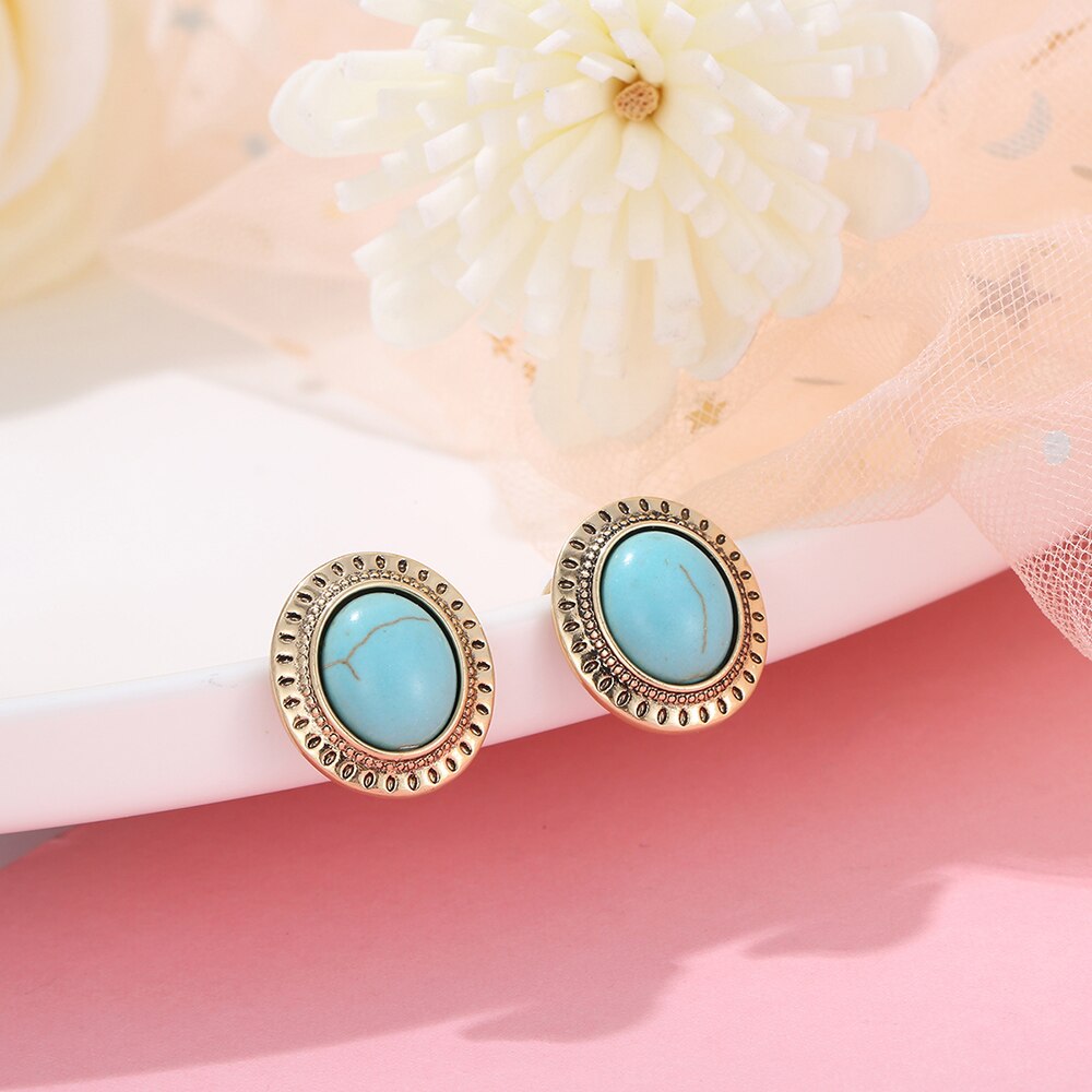 Vintage Marble Crack Oval Blue Stone Stud Earrings For Women Gold Silvery Earring Literary Style Jewelry Accessories Gift