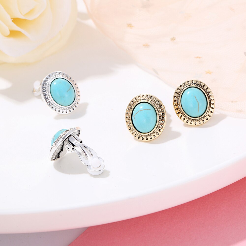 Vintage Marble Crack Oval Blue Stone Stud Earrings For Women Gold Silvery Earring Literary Style Jewelry Accessories Gift