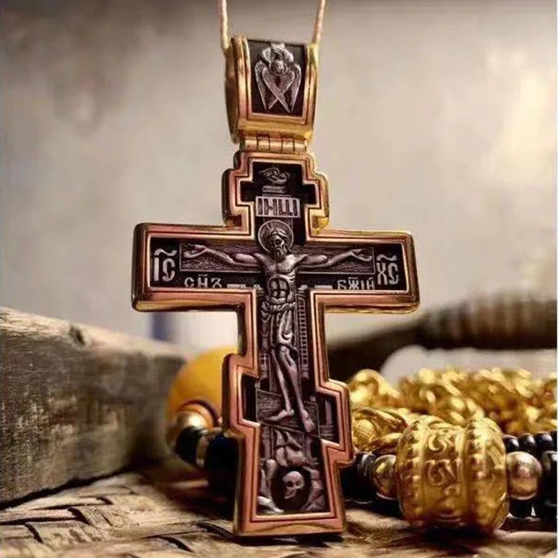Vintage Men's Christian Jesus Cross Pendant Necklace Retro Gothic Punk Horror Skull Necklace Fashoion Men's Religious Jewelry