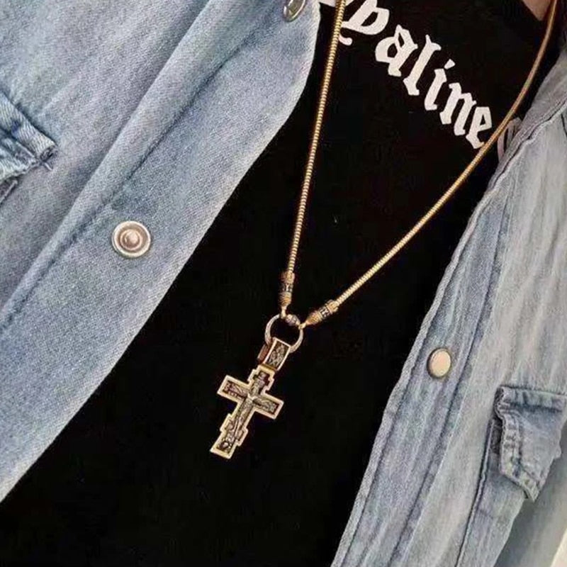 Vintage Men's Christian Jesus Cross Pendant Necklace Retro Gothic Punk Horror Skull Necklace Fashoion Men's Religious Jewelry