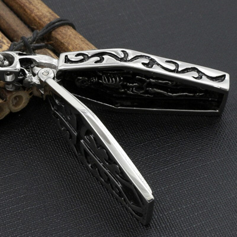 Vintage Men's Stainless Steel Steampunk Coffin Vampire Skull Skeleton Pendant Necklace Gothic Punk Rock Biker Jewelry Gift