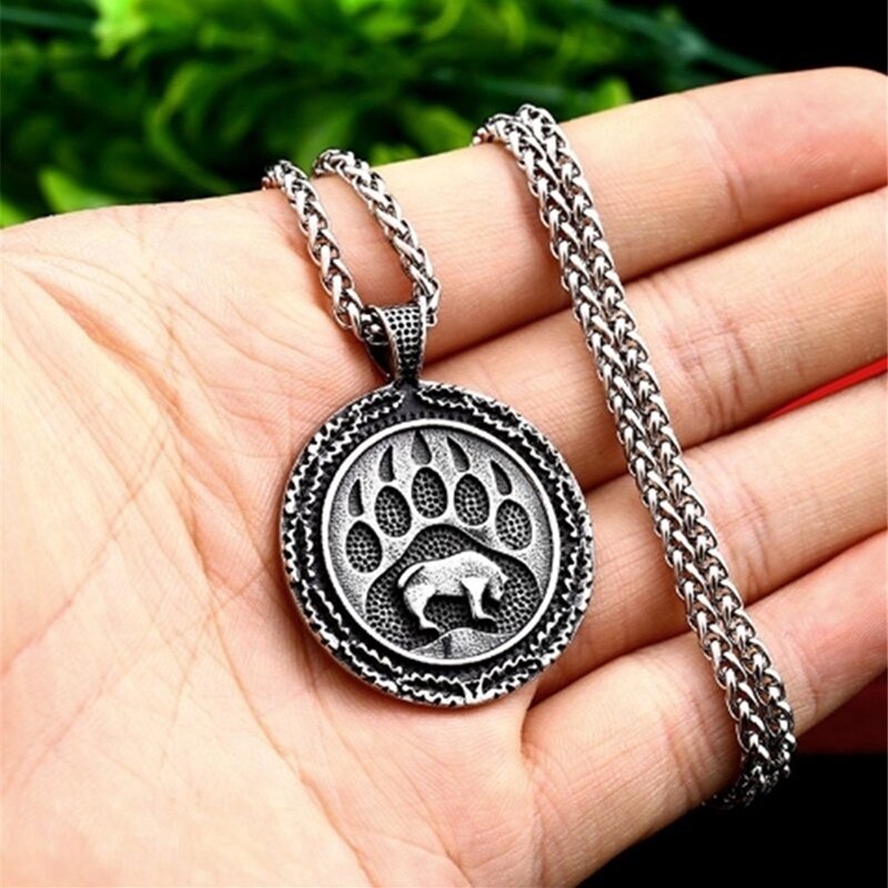 Vintage Men's Stainless steel Viking Norse Bear Paw and head Animal Pendant Necklace Party Jewelry Gifts