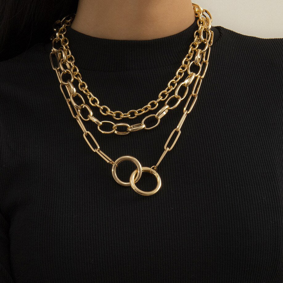 Vintage Metal Hip-hop Cross Chain Round Buckle Set Neck Chain Geometric Necklace Charm Jewelry Necklace for Woman Fashion