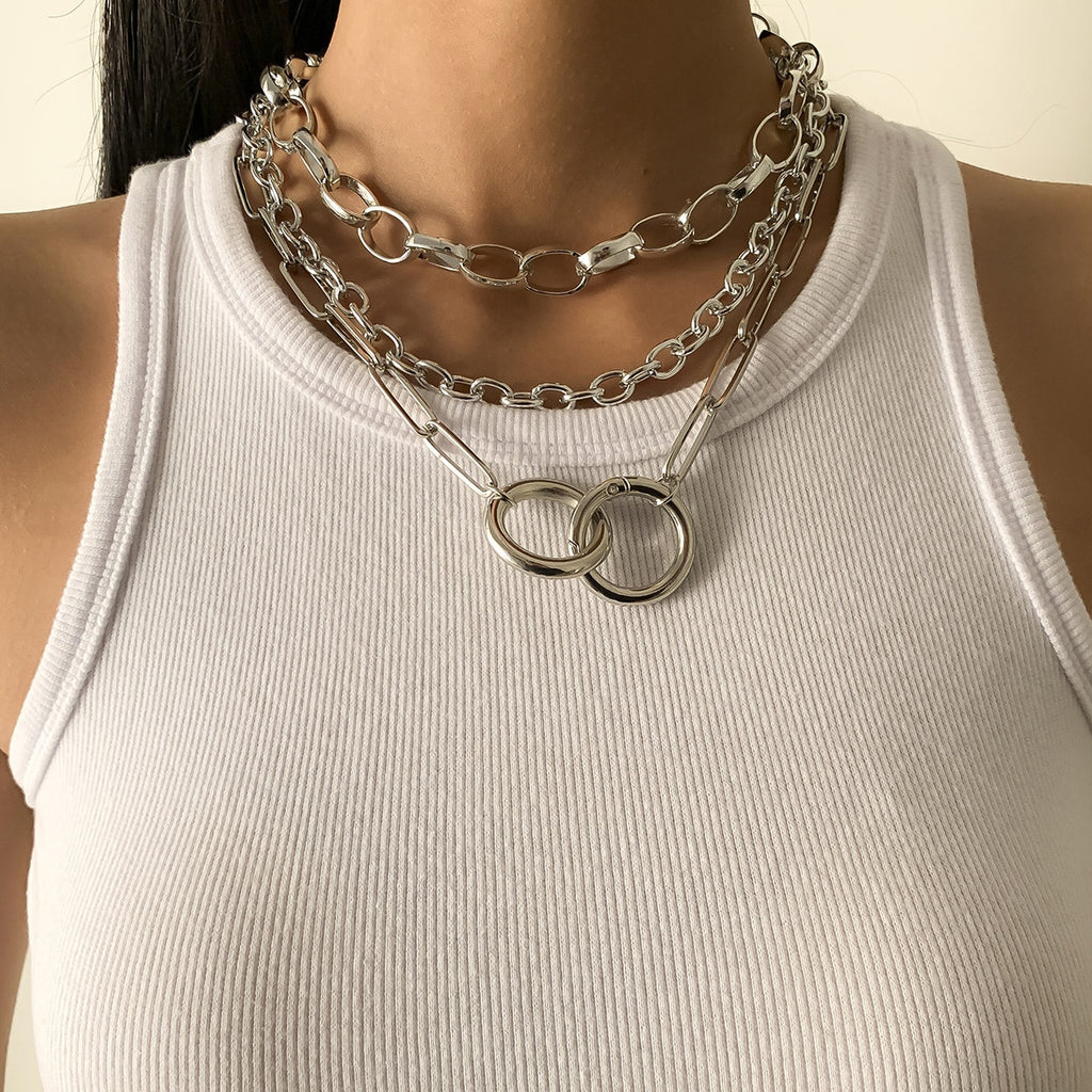Vintage Metal Hip-hop Cross Chain Round Buckle Set Neck Chain Geometric Necklace Charm Jewelry Necklace for Woman Fashion