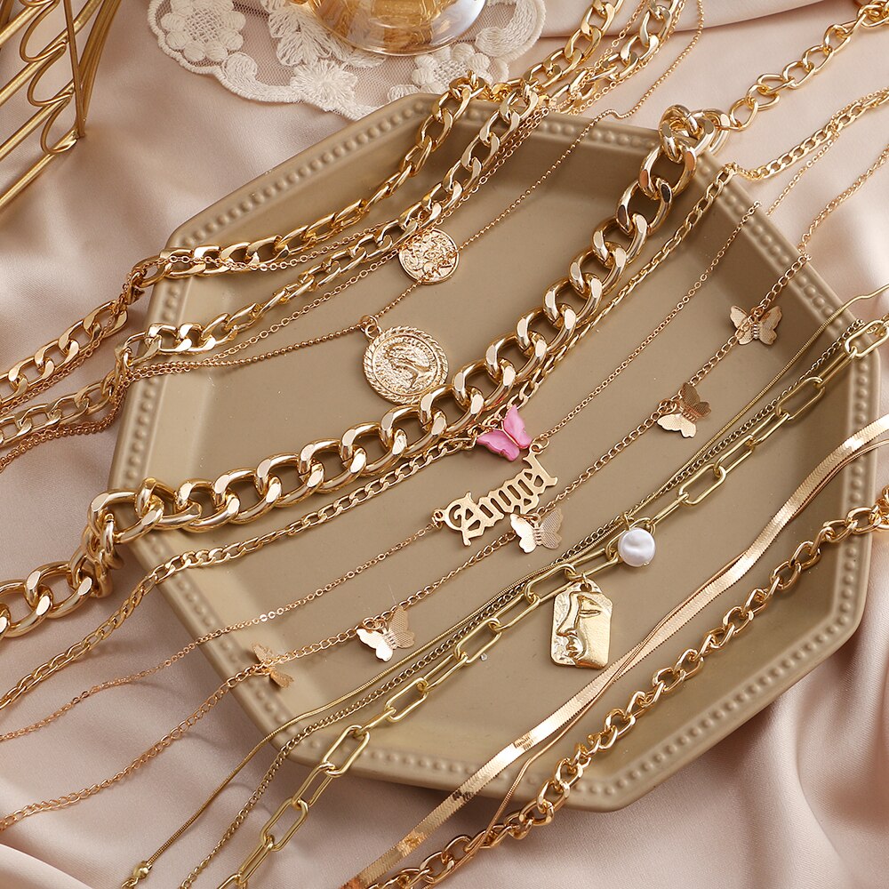 Vintage Metal Thick Chain Pendant Necklace for Women Bohemian Multilayer Geometric Chain Collar Necklace Trend Punk Jewelry