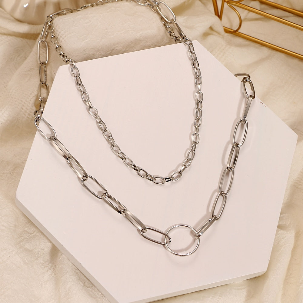 Vintage Metal Thick Chain Pendant Necklace for Women Bohemian Multilayer Geometric Chain Collar Necklace Trend Punk Jewelry