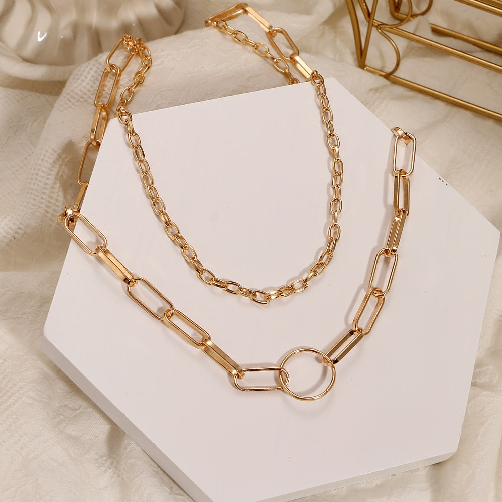 Vintage Metal Thick Chain Pendant Necklace for Women Bohemian Multilayer Geometric Chain Collar Necklace Trend Punk Jewelry