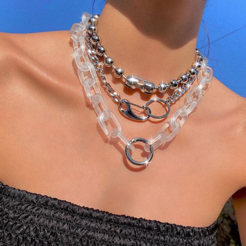 Vintage Minimalist Metal Acrylic Chains Necklaces for Men Women Party Night Club Neck Jewelry Hip Hop Beads Choker Punk