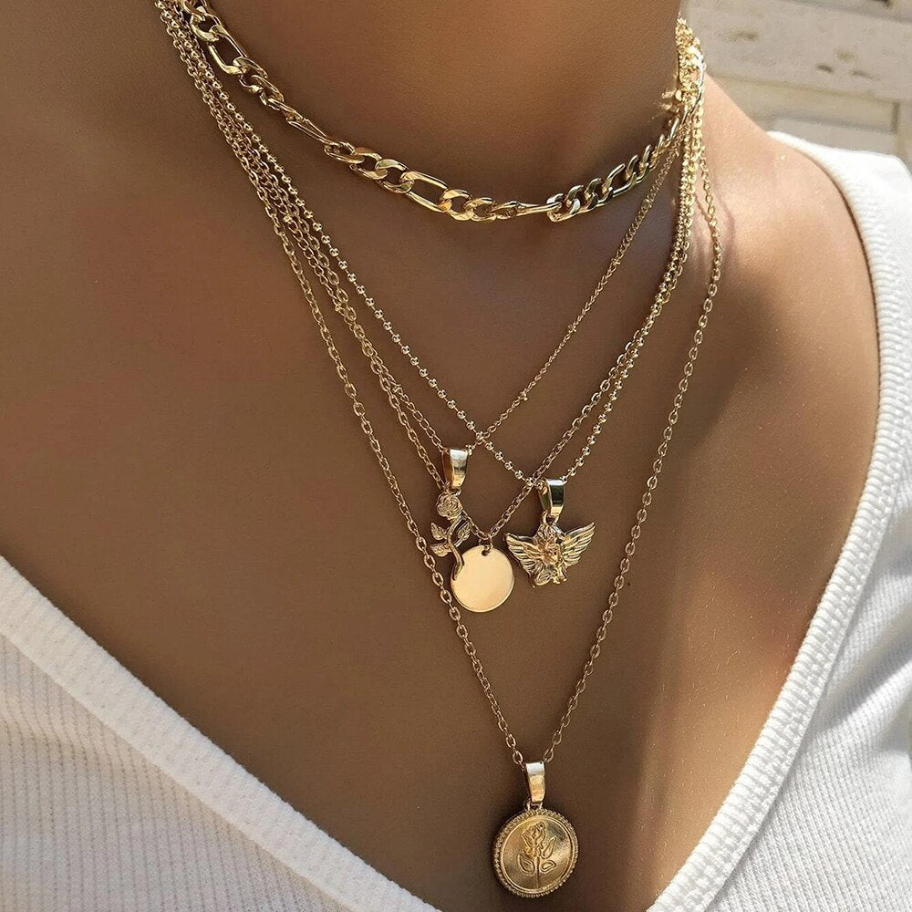 Vintage Multilayer Metal Chain Pendant Necklace for Women Bohemian Gold Coin Flower Angel Collar Pendant Necklace Jewelry Gift