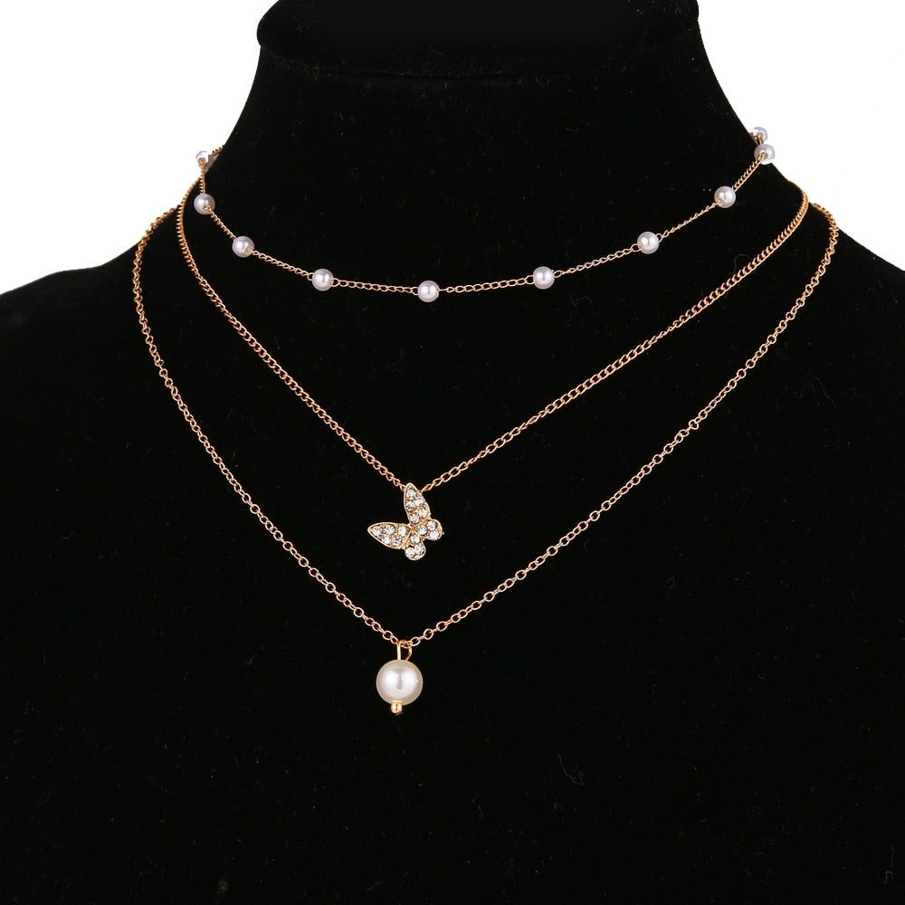 Vintage Multilayer Pendant Butterfly Necklace for Women Butterflies Moon Star Charm Choker Necklaces Boho  Jewelry Gift