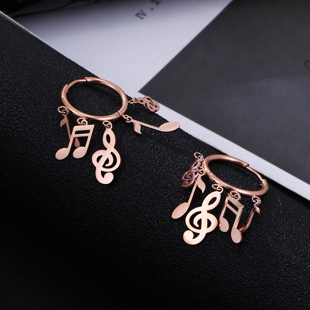 Vintage Music Note Earrings for Women Geometric Circle Rose Gold Tassel Dangle Ear Clip Hoop Earring Stainless Steel Jewelry New