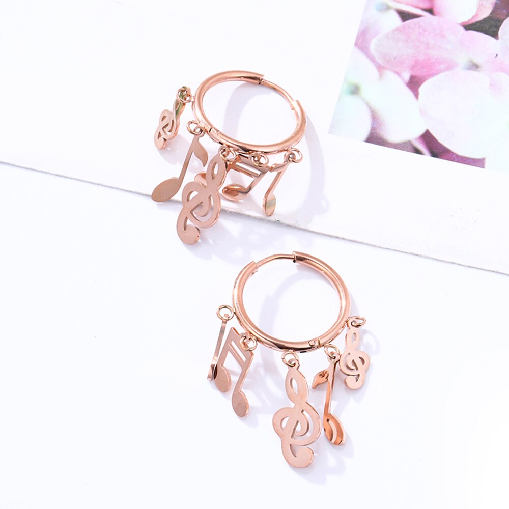 Vintage Music Note Earrings for Women Geometric Circle Rose Gold Tassel Dangle Ear Clip Hoop Earring Stainless Steel Jewelry New