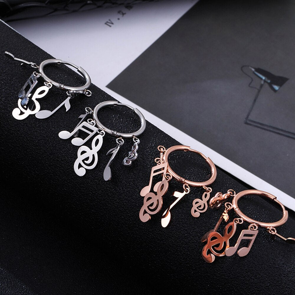 Vintage Music Note Earrings for Women Geometric Circle Rose Gold Tassel Dangle Ear Clip Hoop Earring Stainless Steel Jewelry New