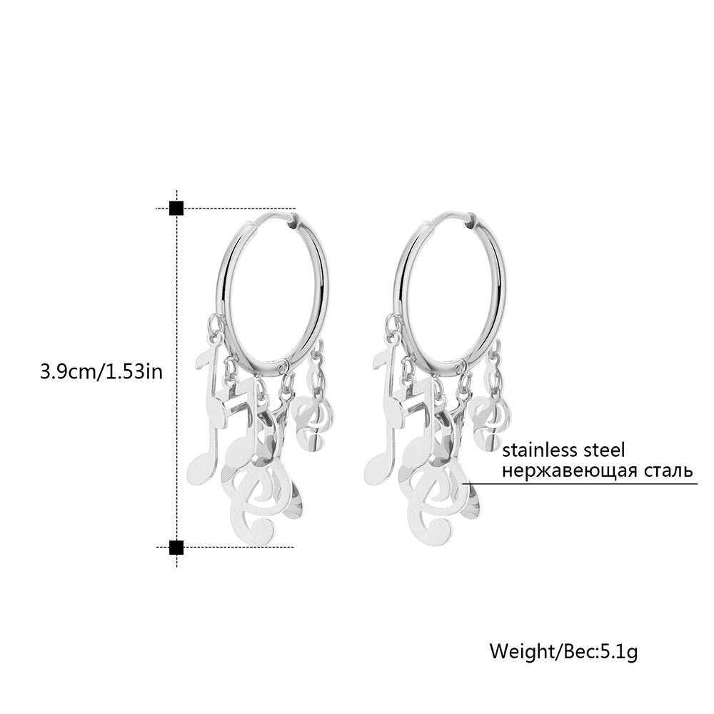 Vintage Music Note Earrings for Women Geometric Circle Rose Gold Tassel Dangle Ear Clip Hoop Earring Stainless Steel Jewelry New