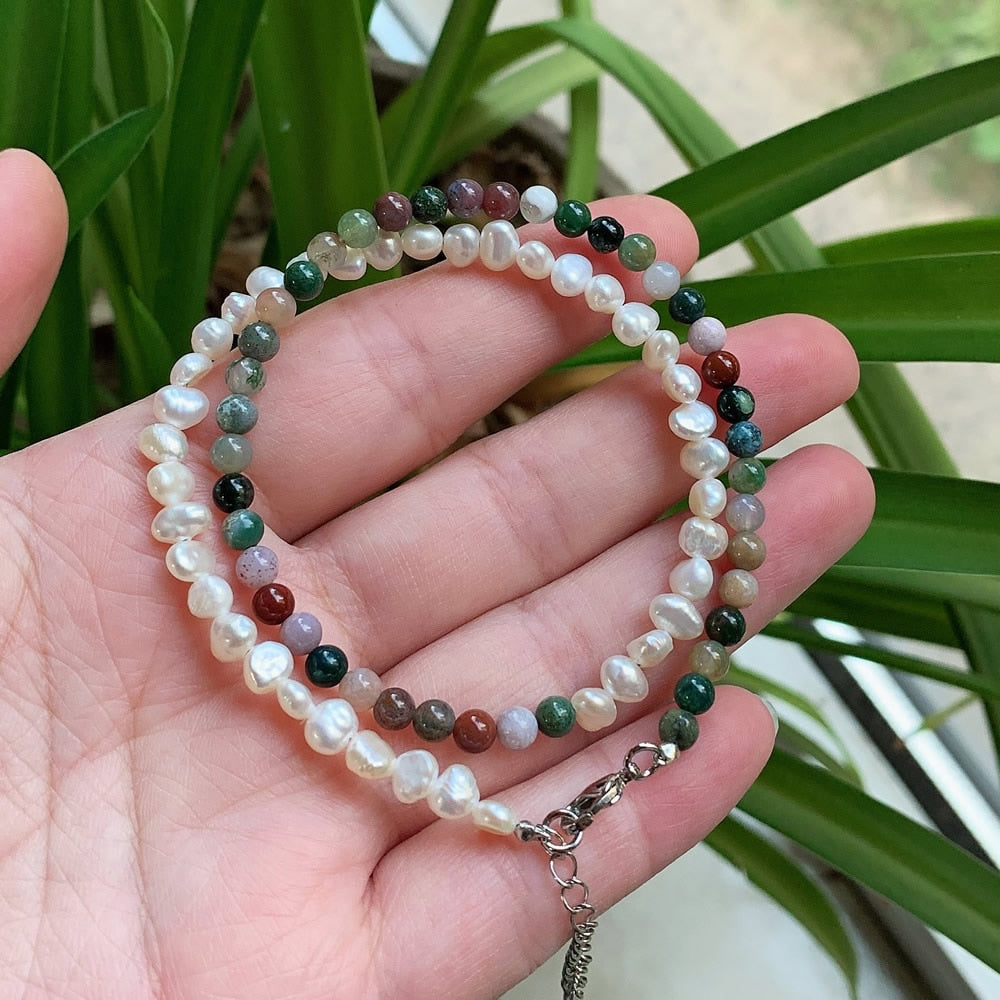 Vintage Natural Freshwater Pearl Necklace for Women Men Jaspers Agates Green Stone Baroque Pearl Choker Wedding Femme Collier