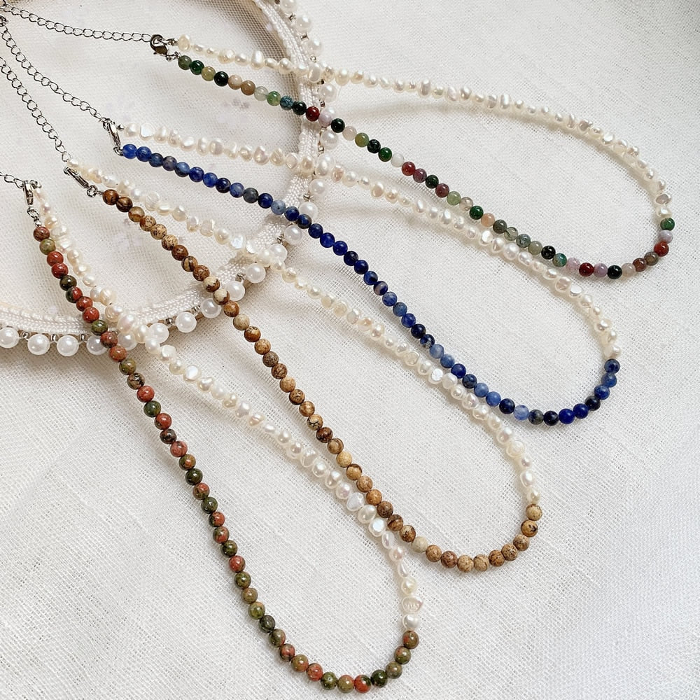 Vintage Natural Freshwater Pearl Necklace for Women Men Jaspers Agates Green Stone Baroque Pearl Choker Wedding Femme Collier