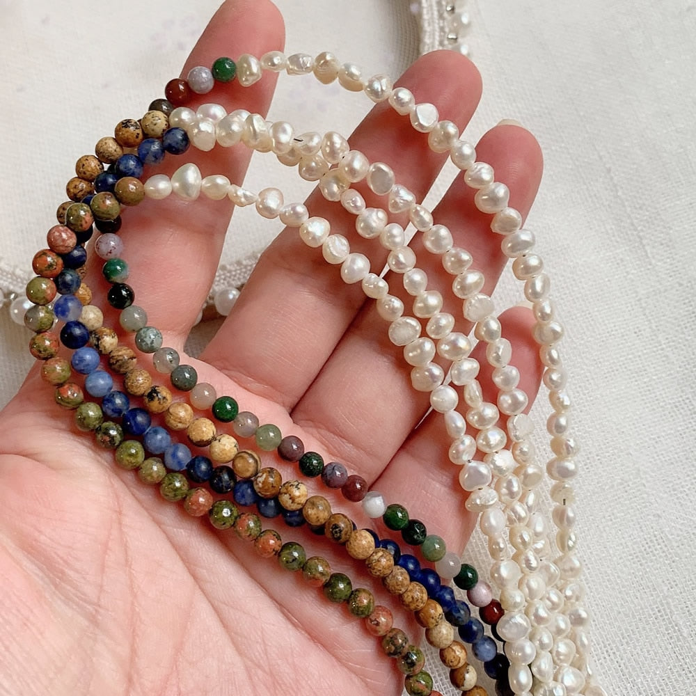 Vintage Natural Freshwater Pearl Necklace for Women Men Jaspers Agates Green Stone Baroque Pearl Choker Wedding Femme Collier