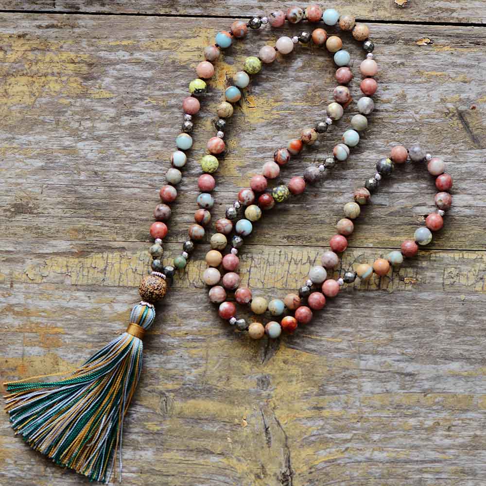 Vintage Necklace 8MM Natural Stones Pyrite Colorful Tassel Necklace Women Lariat Yoga Necklace  Jewelry