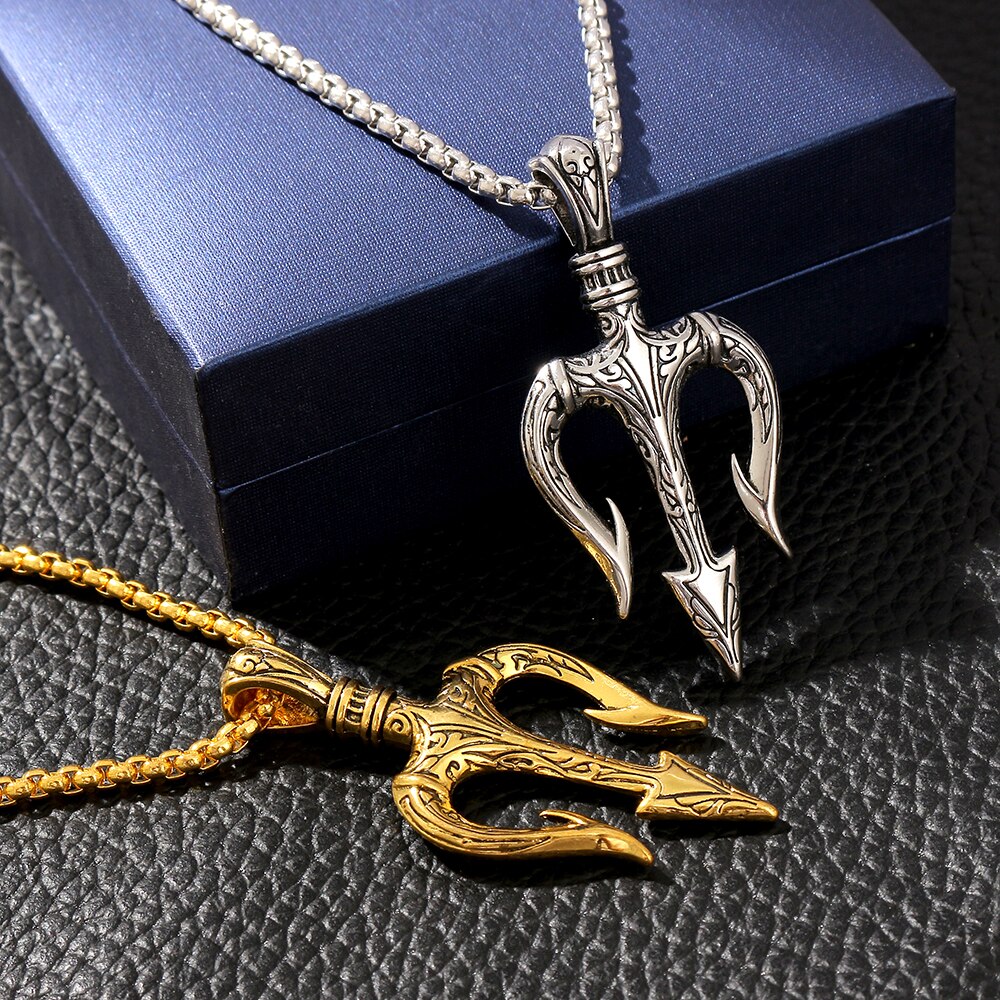 Vintage Neptune Poseidon Necklace  Jewelry Ancient Greece Amulet Trident Pendant Necklace Men Lucky Charm Gift for Sailor
