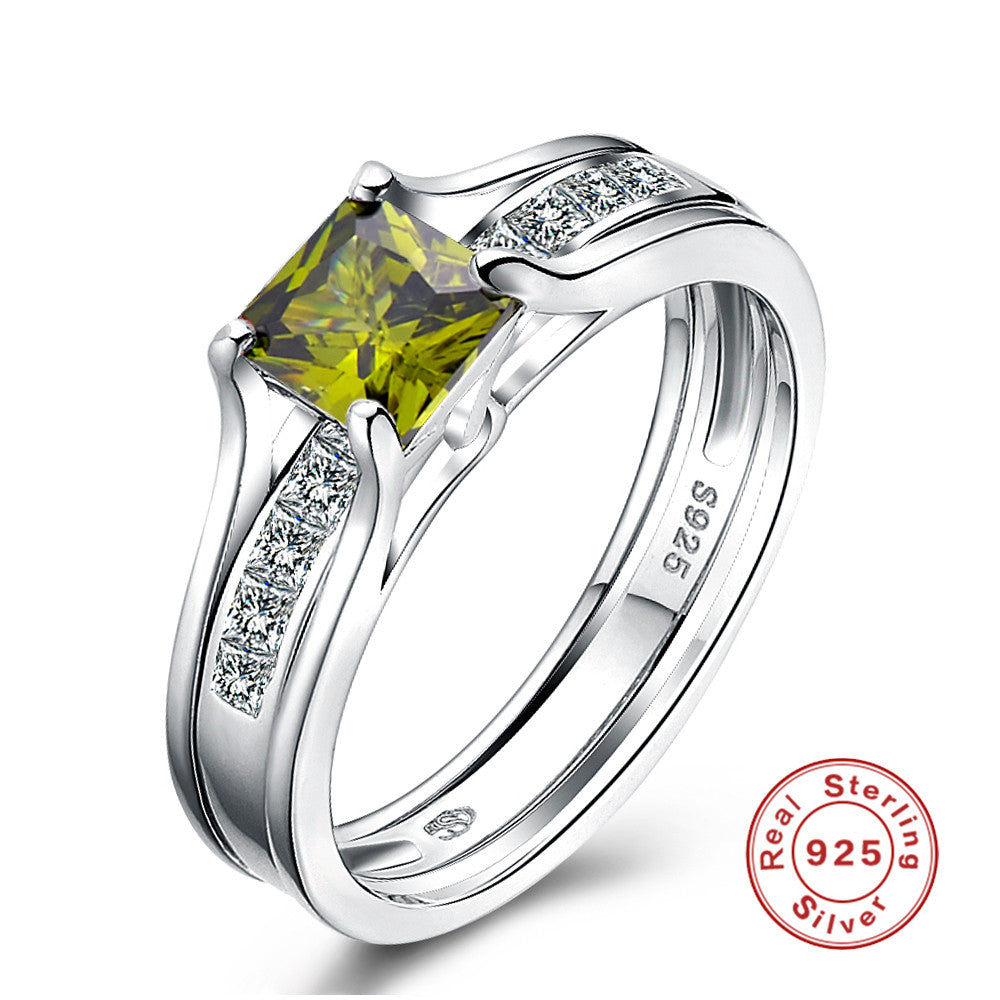 Vintage Olive Green Square Stone Bride Wedding Rings For Women S925 sterling-silver-jewelry Romantic Engagement